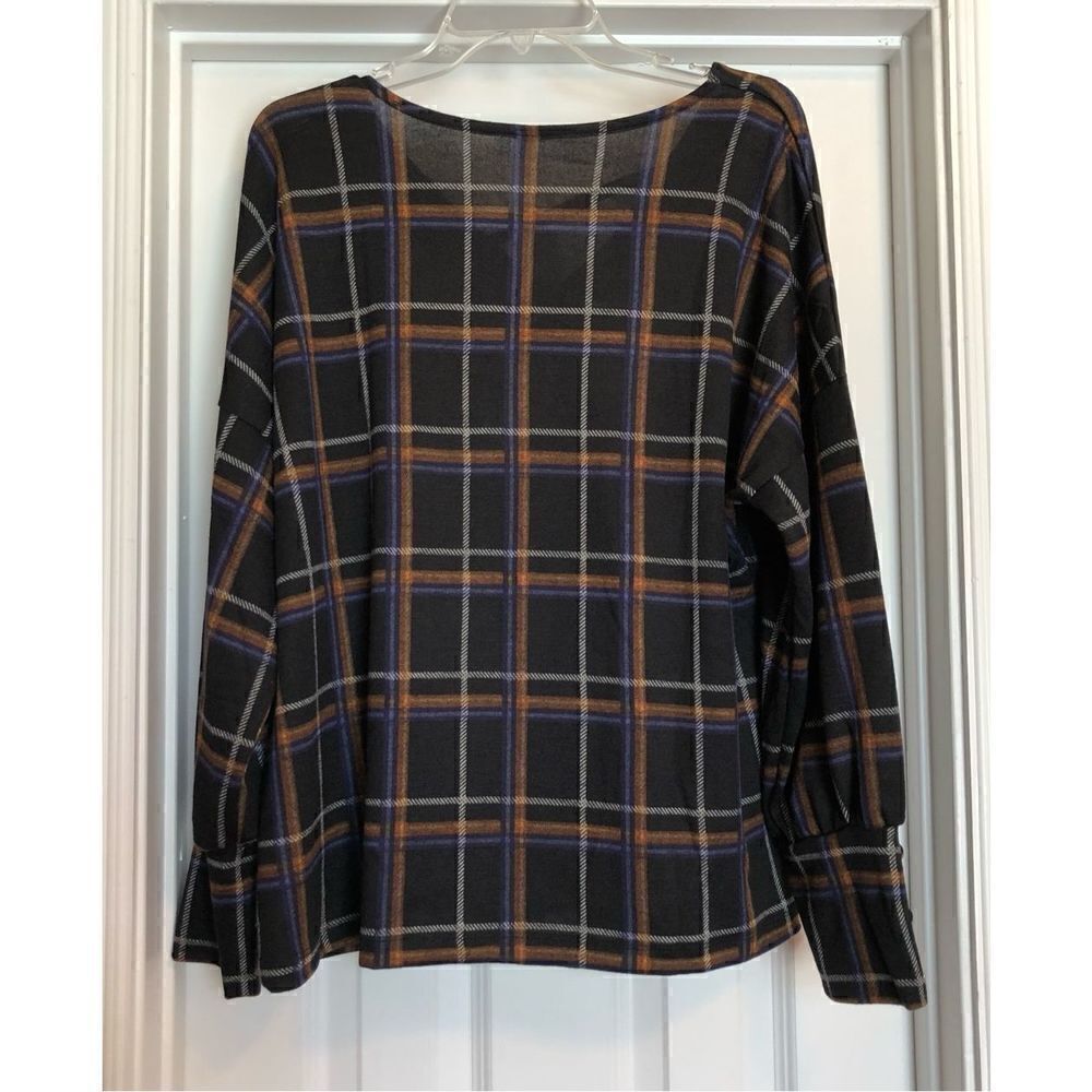 NY COLLECTION - NWT - L Sz 1X Long-Sleeve, Plaid, Cris-Cross Top w/Button Cuffs - Picture 7 of 15
